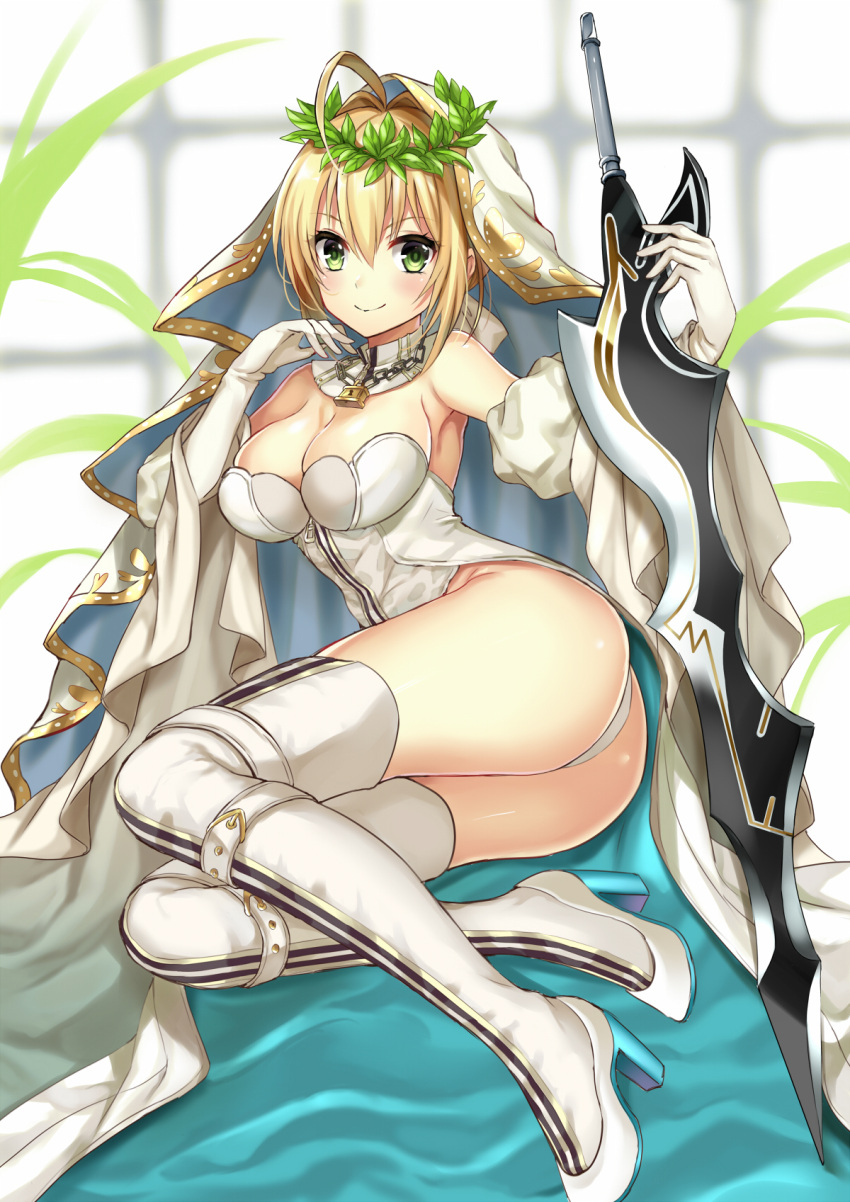 1girl aestus_estus ahoge ass bare_shoulders belt_buckle blonde_hair blurry blurry_background boots breasts bridal_veil buckle chains cleavage closed_mouth detached_collar detached_sleeves elbow_gloves fate/extra fate/extra_ccc fate_(series) full_body gloves green_eyes hair_intakes hand_on_own_face harimoji head_wreath high_heels highres holding holding_sword holding_weapon leaf leg_belt legs legs_together leotard lock long_legs looking_at_viewer medium_breasts padlock saber_bride saber_extra shiny shiny_skin shoes short_hair sitting smile solo strapless strapless_leotard sword tareme thigh-highs thigh_boots thighs twisted_torso unsheathed veil weapon white_gloves white_legwear white_leotard white_shoes yokozuwari zipper