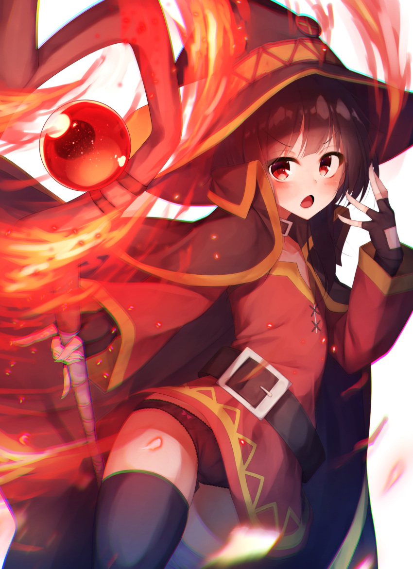 &gt;:o 1girl :o absurdres bangs belt beltskirt black_gloves black_panties blurry blush bow bow_panties choker cloak depth_of_field dress eyebrows_visible_through_hair fingerless_gloves fire flat_chest gloves hand_up hat highres holding holding_staff kono_subarashii_sekai_ni_shukufuku_wo! lace lace-trimmed_panties looking_at_viewer megumin open_mouth panties red_bow red_dress rerrere short_dress short_hair_with_long_locks sidelocks simple_background solo staff thigh-highs underwear white_background witch witch_hat