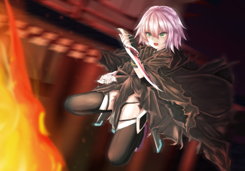 &gt;:d 1girl :d assassin_of_black bandaged_arm bangs bent_knees black_gloves black_legwear black_panties cloak dagger dual_wielding fate/apocrypha fate_(series) fingerless_gloves fire full_body gloves green_eyes holding holding_weapon looking_away open_mouth panties risokaaso_(tommy9551) short_hair silver_hair single_glove smile solo thigh-highs underwear weapon