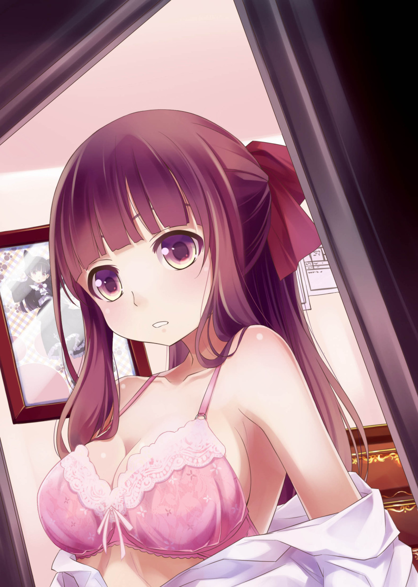 1girl 54hao absurdres bangs bare_shoulders bedroom blunt_bangs blush bow bow_bra bra breasts brown_eyes brown_hair cabinet cleavage collarbone doorway dress_shirt dutch_angle hair_bow highres long_hair looking_at_viewer medium_breasts original parted_lips photo_(object) picture_frame pink_bow pink_bra ponytail red_bow shirt shirt_pull sideboob sidelocks solo tareme underwear upper_body
