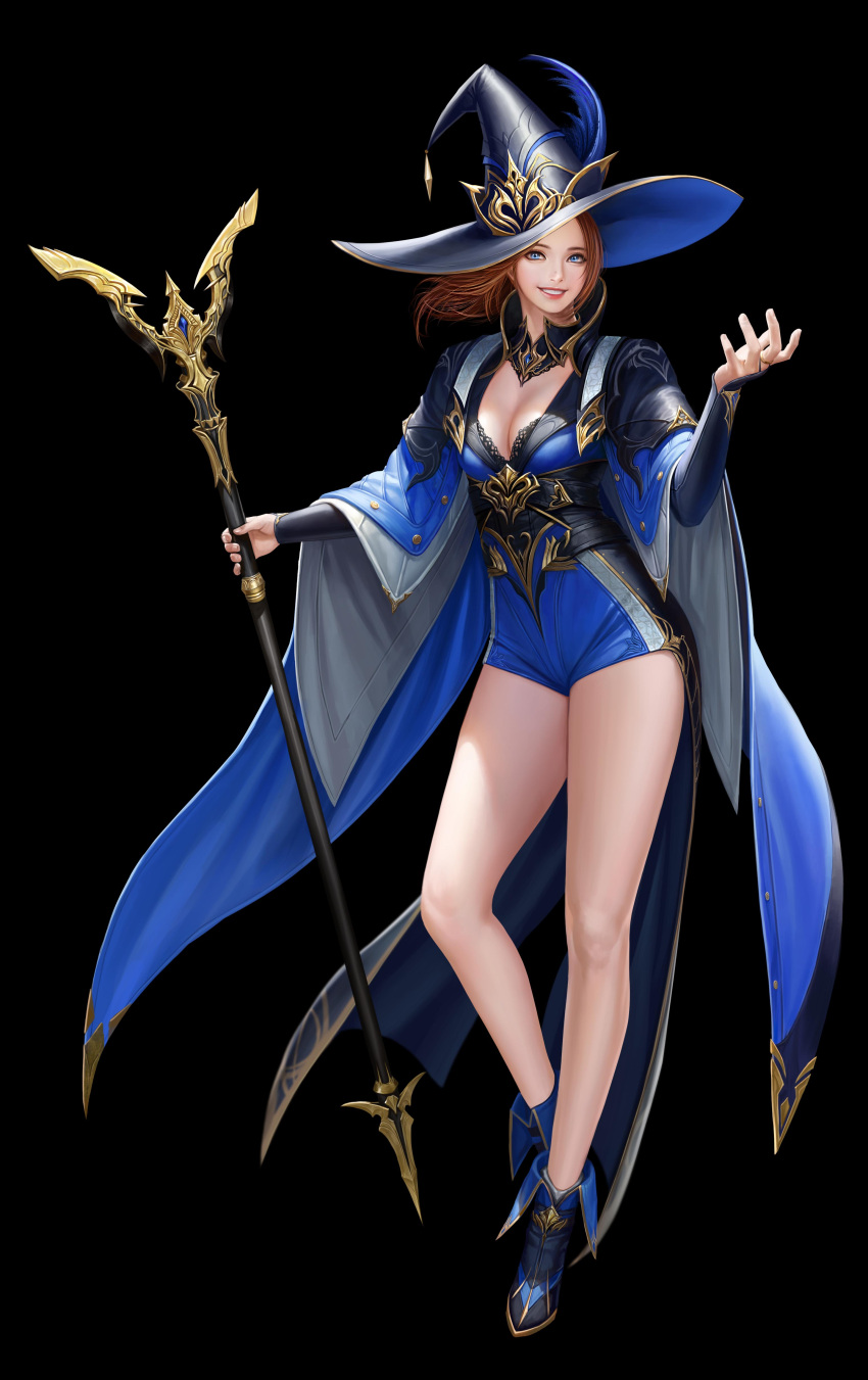 1girl absurdres bare_legs black_background blue_boots blue_eyes boots breasts bridal_gauntlets brown_hair commentary full_body hat highres holding holding_staff long_hair looking_at_viewer medium_breasts original parted_lips simple_background smile solo staff taekwon_kim witch witch_hat
