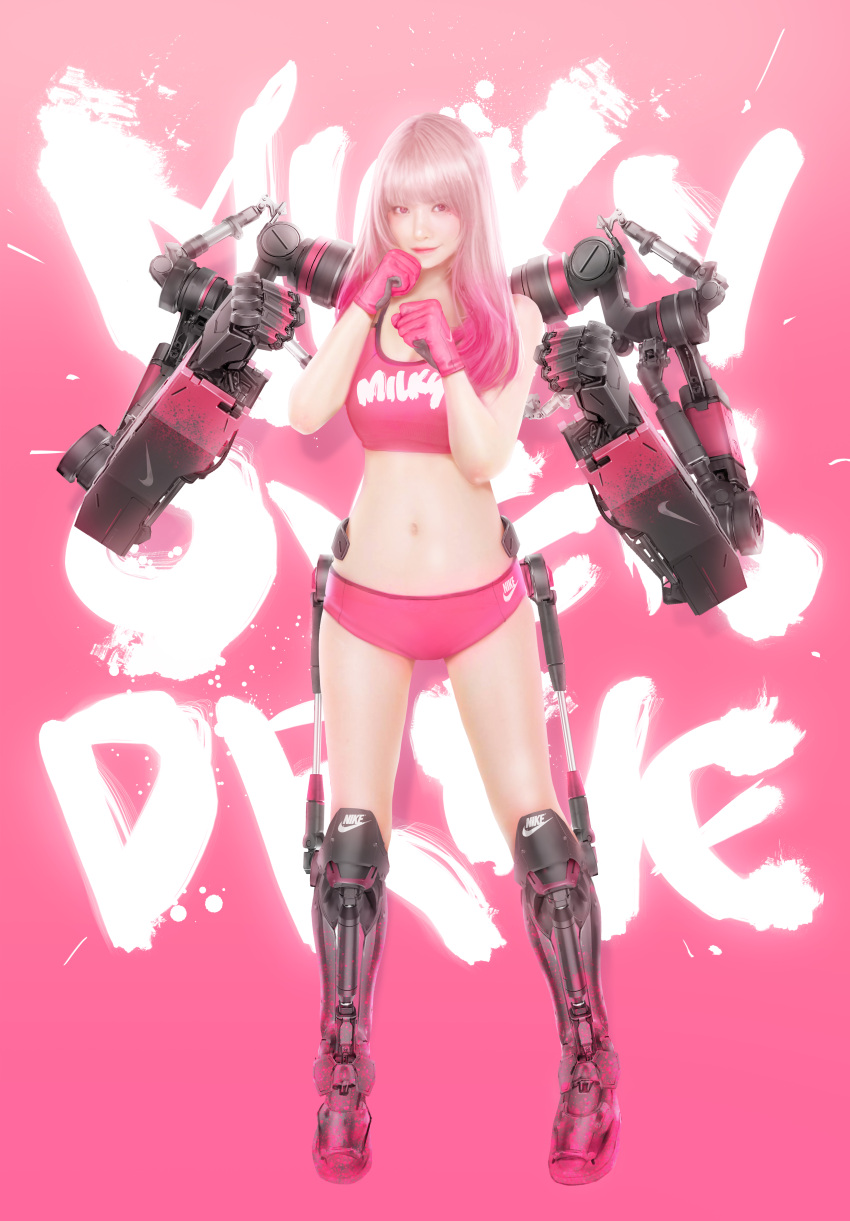 1girl absurdres clenched_hands cover cyborg gloves highres johnson_ting long_hair looking_at_viewer midriff milky_overdrive mole mole_under_eye navel nike pink_background pink_eyes pink_hair solo