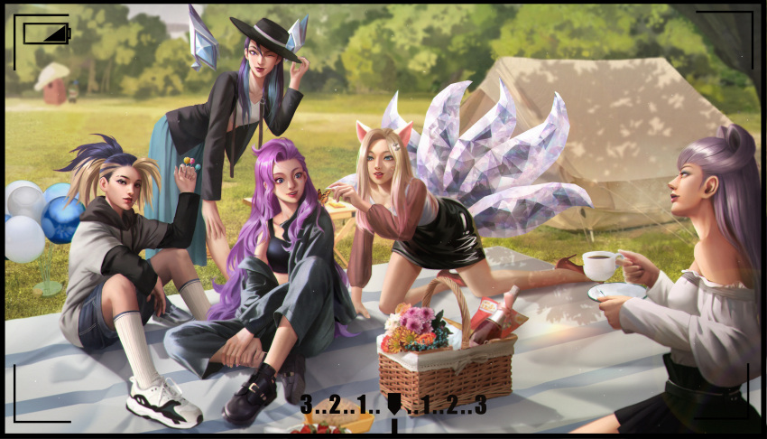 5girls absurdres ahri_(league_of_legends) akali animal_ears balloon basket black_hair blanket blonde_hair blue_eyes bottle bouquet brown_eyes bug butterfly candy crop_top crystal_tail crystal_wings cup denim denim_shorts evelynn_(league_of_legends) facial_mark fedora flower food fox_ears fruit hair_ornament hairclip hat hat_tip high_heels highres holding holding_candy holding_cup holding_food hood hood_down hoodie jing_zhou k/da_(league_of_legends) kai'sa kneehighs league_of_legends lollipop long_hair long_skirt looking_at_viewer mouth_hold multicolored_hair multiple_girls one_eye_closed park parted_lips pencil_skirt picnic picnic_basket pose purple_hair seraphine_(league_of_legends) shoes shorts sitting skirt sneakers socks strawberry teacup teeth the_baddest_ahri the_baddest_akali the_baddest_evelynn the_baddest_kai'sa two-tone_hair upper_teeth viewfinder violet_eyes whisker_markings wine_bottle yellow_eyes