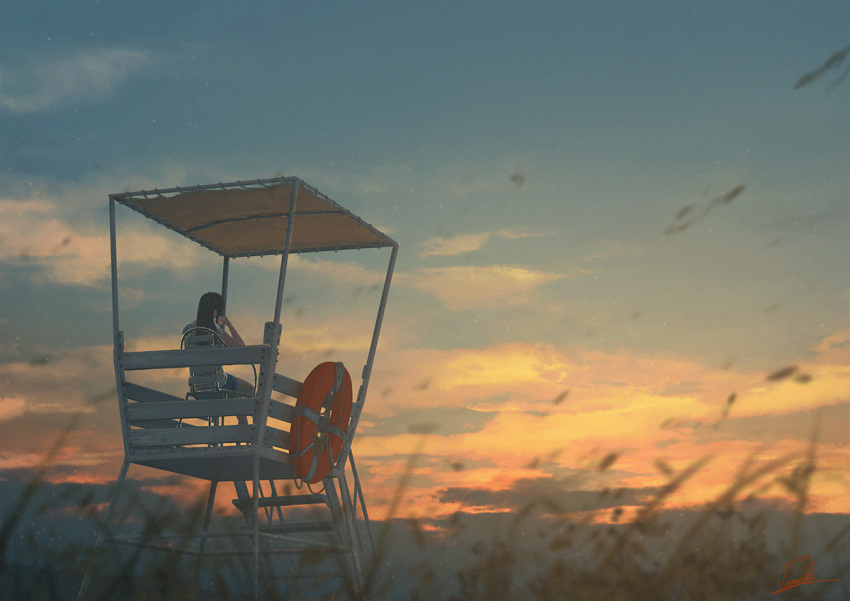 1girl beach black_hair blurry chair clouds depth_of_field grass head_rest lifebuoy lifeguard original scenery shorts signature sitting sky solo stairs summer sunlight sunset tamaki_(tamaki_illust) tower wind