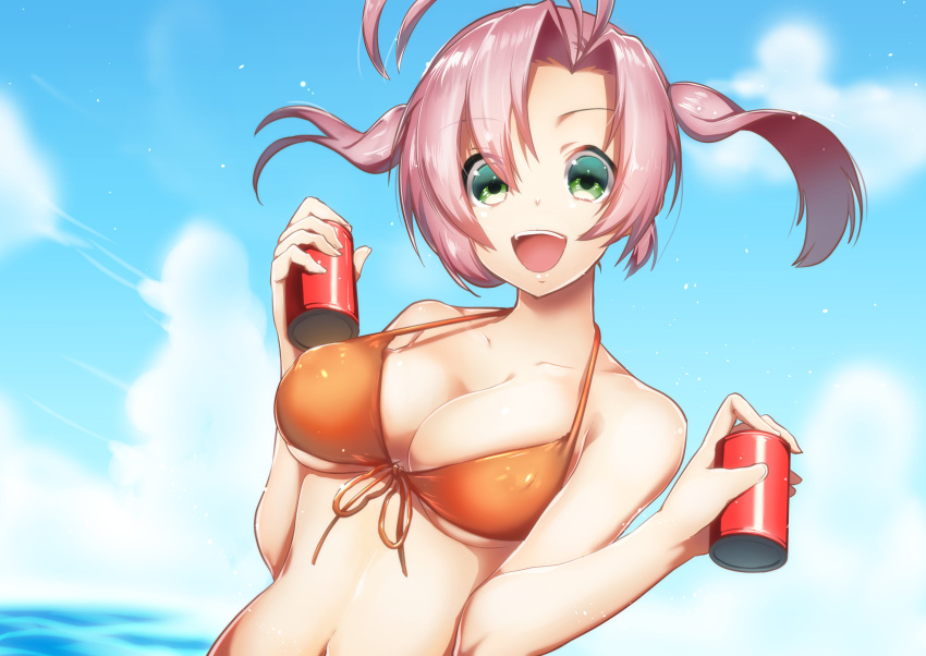 1girl :d alternate_costume antenna_hair ayamori_mimi bikini bikini_top blue_sky breasts can cleavage clouds cloudy_sky collarbone green_eyes highres holding kantai_collection kinugasa_(kantai_collection) long_hair looking_at_viewer navel open_mouth orange_bikini silver_hair sky smile soda_can solo swimsuit twintails