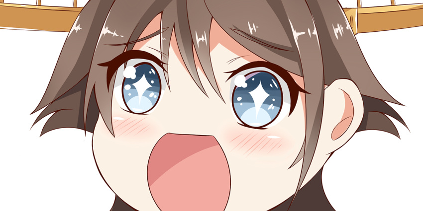 +_+ 1girl blue_eyes brown_hair close-up eyebrows_visible_through_hair flipped_hair hair_between_eyes hairband headgear hiei_(kantai_collection) kantai_collection looking_at_viewer no_nose open_mouth short_hair simple_background sin-poi solo sparkling_eyes symbol-shaped_pupils white_background