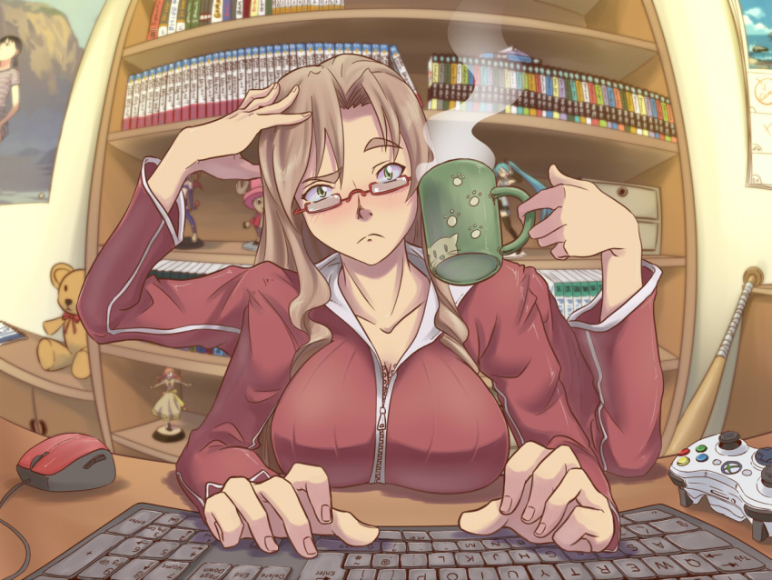 1girl baseball_bat bookshelf breast_rest breasts brown_hair coffee_mug computer_keyboard computer_mouse controller cup extra_arms eyebrows figure fisheye frown game_controller gammatelier glasses green_eyes hand_on_own_head head_tilt holding holding_cup indoors jacket keyboard large_breasts long_hair long_sleeves looking_at_viewer manga_(object) merchandise mug original otaku_room paw_print poster_(object) red-framed_eyewear red_jacket semi-rimless_glasses shelf solo steam stuffed_animal stuffed_toy teddy_bear track_jacket typing under-rim_glasses zipper