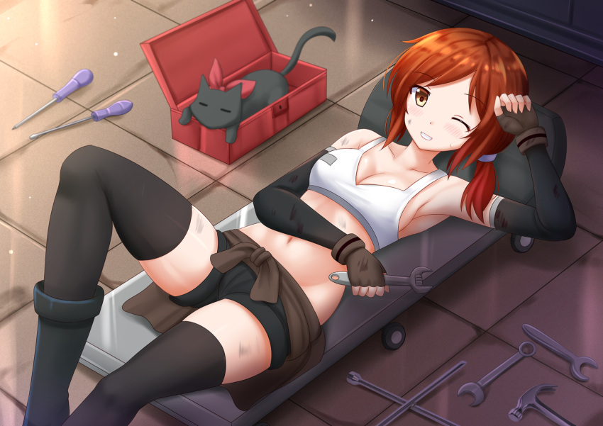 1girl ;d =_= arm_up armpits bare_shoulders black_gloves black_legwear black_shorts box breasts brown_eyes choker cleavage closed_eyes clothes_around_waist collarbone female fingerless_gloves from_above gloves grin hair_tie hammer highres holding in_box in_container kazenokaze knee_up looking_at_viewer looking_up low_ponytail lying mechanic medium_breasts mud navel nichijou on_back one_eye_closed open_mouth orange_hair original red_ribbon ribbon ribbon_choker sakamoto_(nichijou) screwdriver short_hair shorts sideboob sleeping sleeveless smile solo stomach sweatdrop tank_top teeth thigh-highs tile_floor tiles wrench