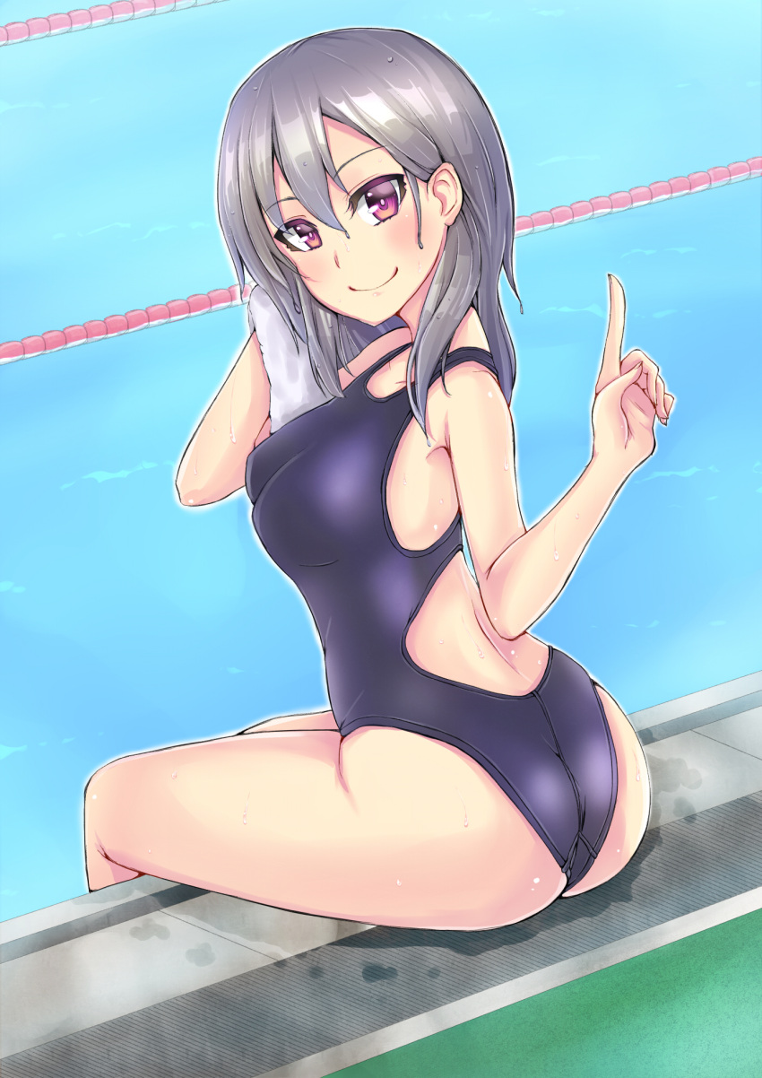 1girl anko_jamu ass bangs blue_swimsuit blush breasts cleavage closed_mouth competition_swimsuit drying_hair eyebrows_visible_through_hair from_behind grey_hair hair_between_eyes highres holding_towel index_finger_raised legs_together long_hair looking_at_viewer looking_back medium_breasts moe2017 one-piece_swimsuit original pool poolside revision sitting smile solo swimsuit thighs violet_eyes