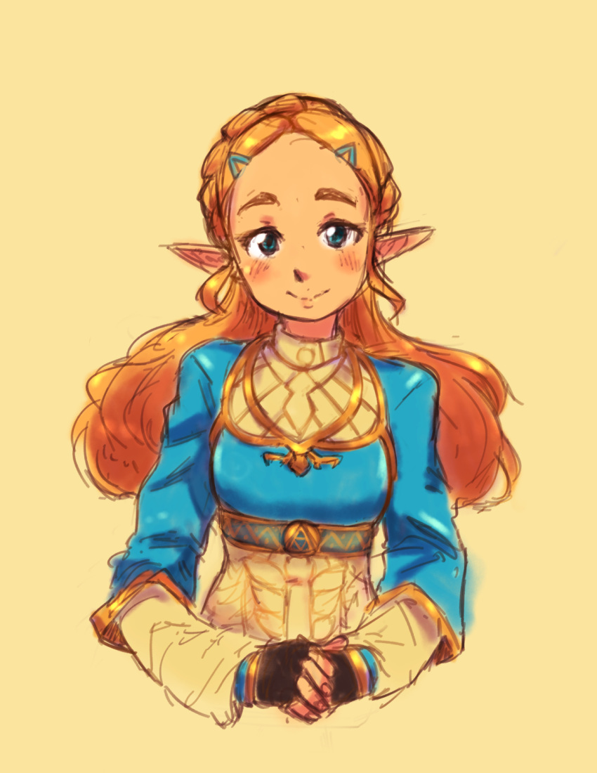 1girl ask1 black_gloves blue_eyes blue_shirt blush braid breasts closed_mouth crop_top fingerless_gloves fingernails forehead french_braid gloves hair_ornament hairclip hands_together highres long_hair long_sleeves looking_at_viewer orange_hair pointy_ears princess princess_zelda shirt simple_background sketch small_breasts smile solo tareme the_legend_of_zelda the_legend_of_zelda:_breath_of_the_wild thick_eyebrows triforce turtleneck undershirt upper_body white_shirt yellow_background