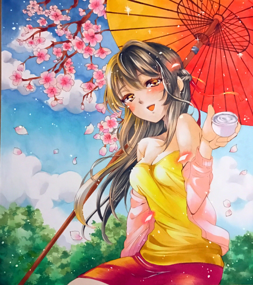 1girl alcohol alternate_costume artist_request bare_shoulders black_hair blush braid breasts brown_eyes cherry_blossoms cleavage clouds commentary_request day french_braid hair_ribbon hanami highres kimi_no_na_wa looking_at_viewer marker_(medium) miyamizu_mitsuha older open_mouth oriental_umbrella petals red_ribbon ribbon sake smile traditional_media tree umbrella