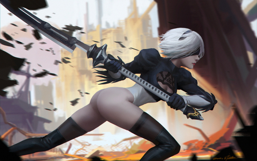 1girl artist_name ass bangs black_boots black_dress black_gloves black_hairband blindfold boots breasts brown_legwear cleavage cleavage_cutout closed_mouth covered_eyes cowboy_shot dress from_side gloves hairband highleg highleg_leotard highres holding holding_sword holding_weapon huge_weapon juliet_sleeves katana legs_apart leotard long_sleeves nier_(series) nier_automata nose outdoors profile puffy_sleeves qichao_wang red_lips ribbed_dress short_hair signature silver_hair small_breasts solo sword thigh-highs thigh_boots thighs thong thong_leotard vambraces weapon white_leotard yorha_no._2_type_b