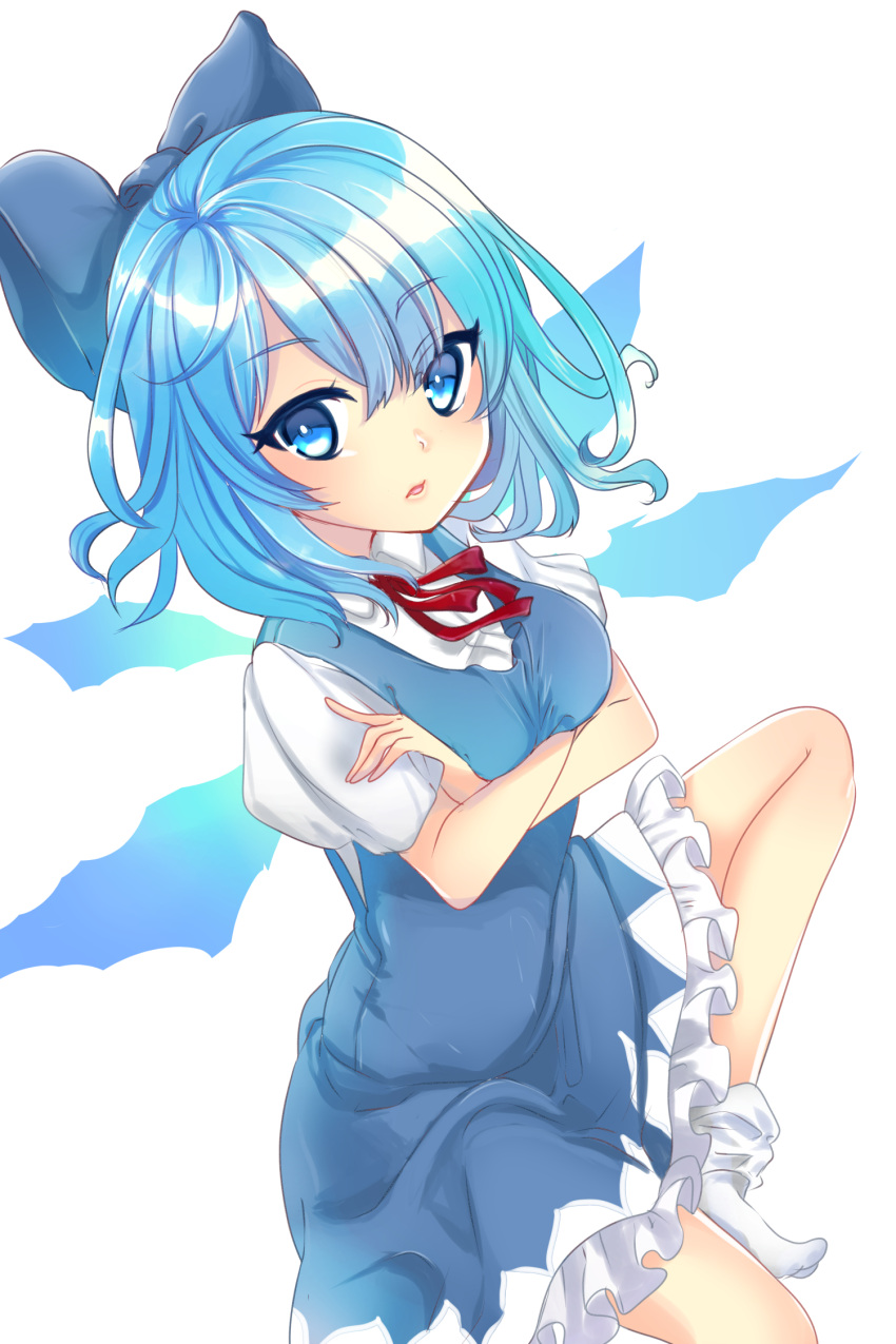 1girl blue_bow blue_dress blue_eyes blue_hair bow breast_hold cirno crossed_arms dress eyebrows_visible_through_hair highres looking_at_viewer negiko open_mouth red_ribbon ribbon short_hair solo touhou