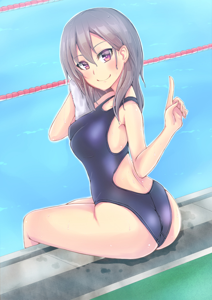 1girl anko_jamu ass bangs blue_swimsuit blush breasts cleavage closed_mouth competition_swimsuit drying_hair eyebrows_visible_through_hair from_behind grey_hair hair_between_eyes highres holding_towel index_finger_raised legs_together long_hair looking_at_viewer looking_back medium_breasts moe2017 one-piece_swimsuit original pool poolside sitting smile solo swimsuit thighs violet_eyes
