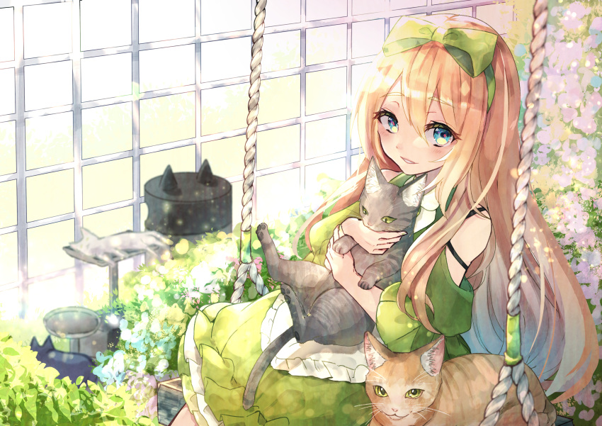 1girl absurdres animal apron bangs blonde_hair blue_eyes blush bow cat dress flower frilled_apron frilled_dress frills hair_bow hairband highres holding holding_animal holding_cat kusunokimizuha long_hair off-shoulder_dress off_shoulder original parted_lips plant rope sitting smile solo sunlight swing very_long_hair waist_apron window