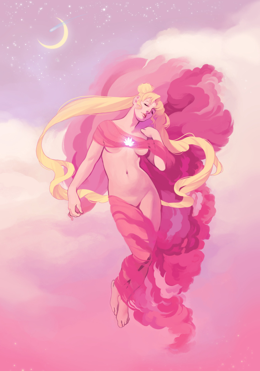 1girl absurdres bishoujo_senshi_sailor_moon blonde_hair breasts closed_eyes clouds comet convenient_censoring crescent_moon facial_mark feet floating forehead_mark highres india_mayes moon navel nude ribbon sailor_moon smile solo star_(sky) stomach toes tsukino_usagi twintails