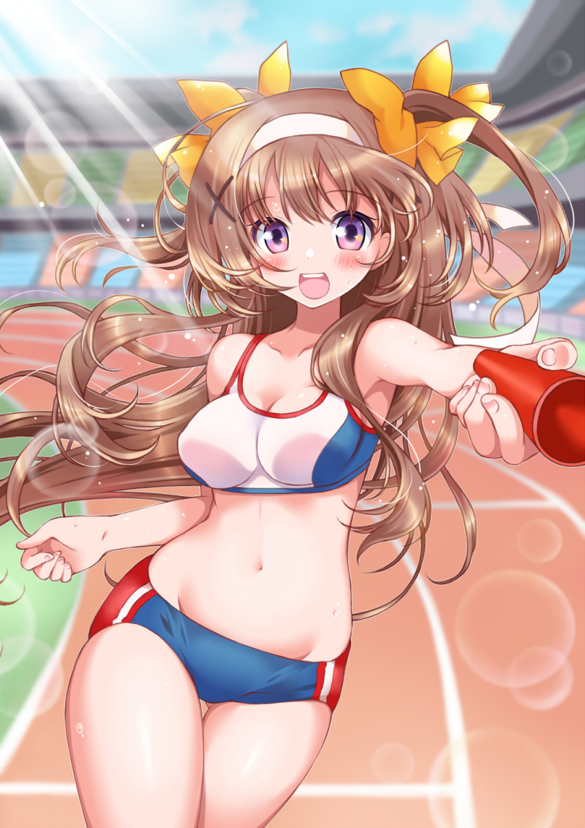 1girl :d bangs blurry blurry_background blush breasts brown_hair buruma cleavage collarbone contrapposto cowboy_shot crop_top depth_of_field eyebrows_visible_through_hair floating_hair foreshortening gluteal_fold hair_ornament hairband highres hips holding kawanobe lens_flare light_rays long_hair looking_at_viewer medium_breasts midriff moe2017 navel open_mouth original outstretched_arm relay_baton relay_race smile solo sports_bikini sports_bra sunbeam sunlight teeth thighs twintails two_side_up violet_eyes x_hair_ornament