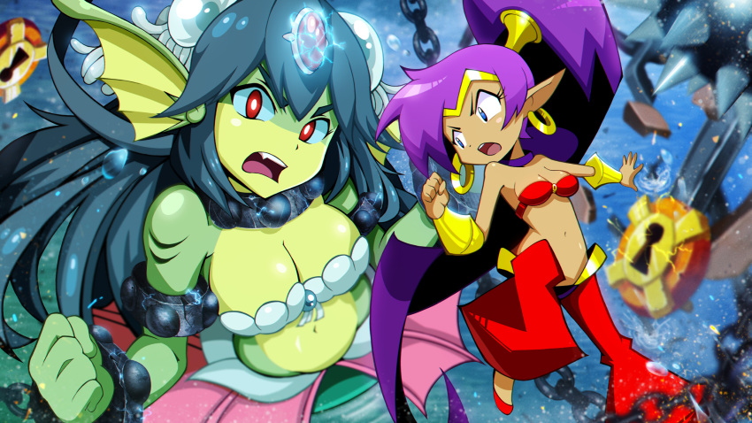 &gt;:o 2girls :o bare_shoulders blue_eyes blue_hair blush_stickers bound breasts bubble bun_cover chained chained_wrists chains choker cleavage clenched_hand crack dark_skin double_bun draw-till-death earrings electricity fang forehead_jewel from_above frown gem giantess giga_mermaid gills green_skin hair_ornament harem_pants head_fins highres hoop_earrings jewelry keyhole large_breasts long_hair looking_at_viewer looking_back medium_breasts mermaid monster_girl multiple_girls navel o-ring_top open_mouth pants pointy_ears ponytail purple_hair red_eyes restrained seashell_bra shantae shantae:_half-genie_hero shantae_(character) shantae_(series) shell shell_bikini shiny shiny_skin spikes stomach two-tone_skin underwater vambraces very_long_hair water