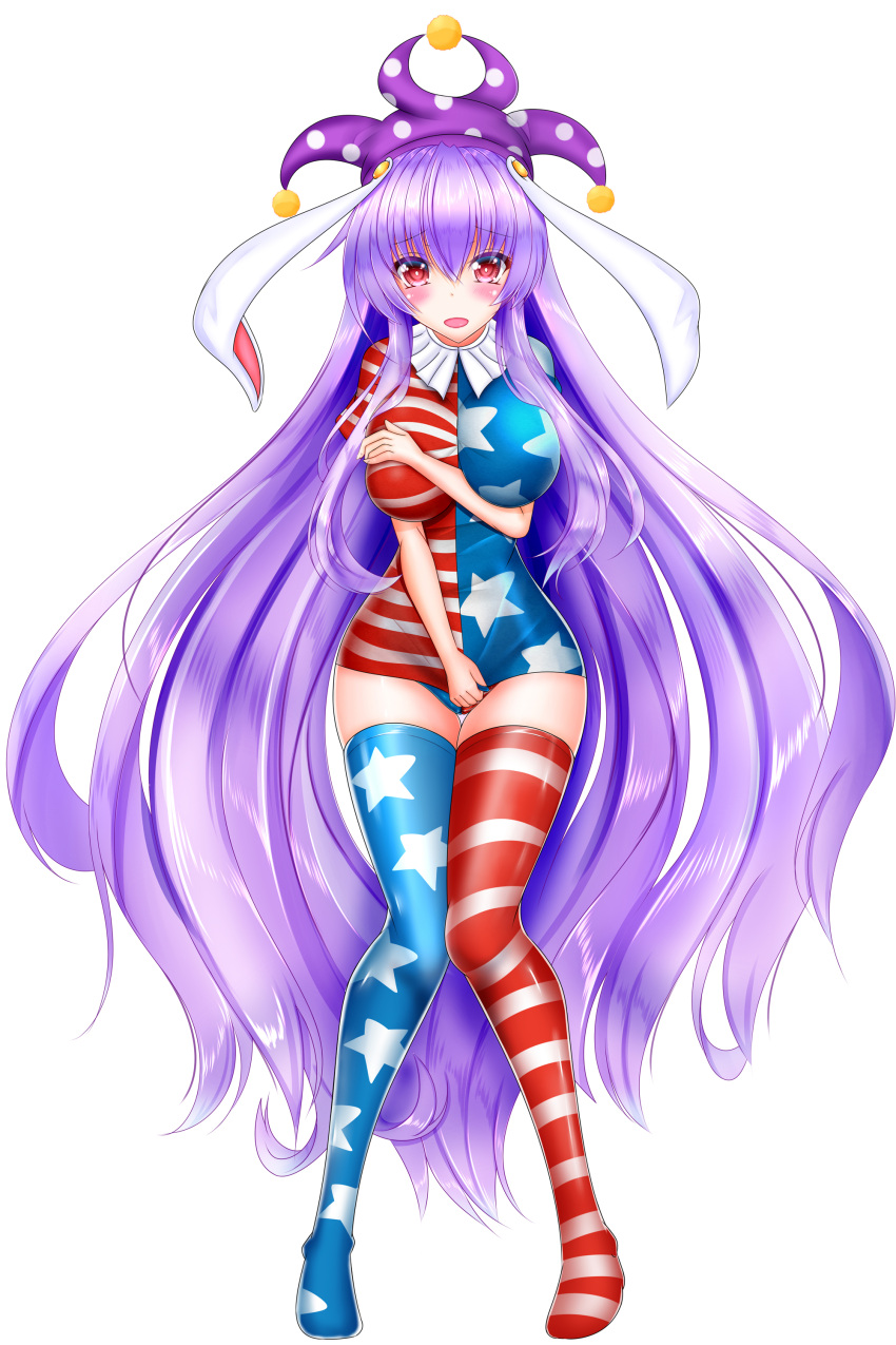 1girl absurdly_long_hair absurdres american_flag_dress american_flag_legwear animal_ears blush breast_suppress breasts clownpiece clownpiece_(cosplay) cosplay covering covering_breasts covering_crotch dress dress_tug embarrassed hat highres jester_cap kou_(inaba) large_breasts lavender_hair long_hair microdress neck_ruff rabbit_ears red_eyes reisen_udongein_inaba sidelocks solo tears thigh-highs touhou very_long_hair