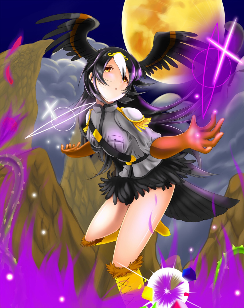 boots flying gradient_hair head_wings highres kemono_friends multicolored_hair shoulder_pads skirt striated_caracara_(kemono_friends) tail_feathers