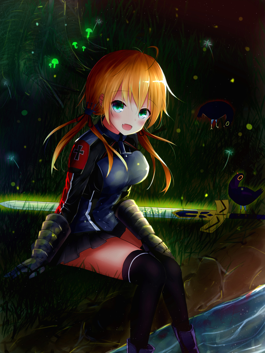 1girl :d ahoge anchor_hair_ornament armor armored_boots bird black_legwear boots excalibur fate/stay_night fate_(series) fireflies gauntlets green_eyes hair_ornament highres iron_cross kantai_collection kayakooooo light_brown_hair long_hair looking_at_viewer mushroom open_mouth pleated_skirt prinz_eugen_(kantai_collection) skirt smile thigh-highs twintails zettai_ryouiki