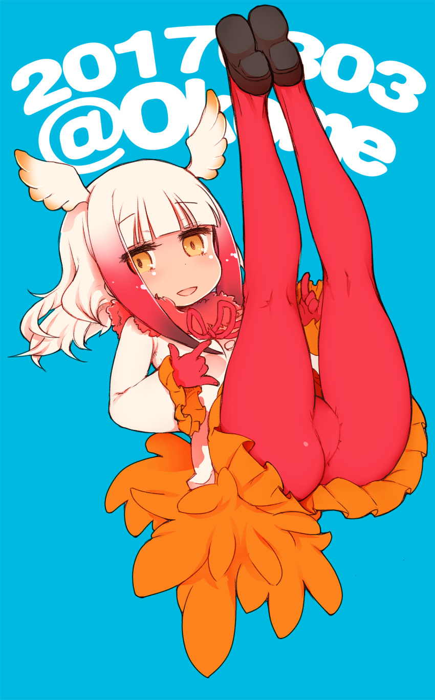 1girl ass bangs bird_tail black_shoes blunt_bangs crested_ibis_(kemono_friends) eyebrows_visible_through_hair full_body gloves head_wings highres kemono_friends legs_up long_sleeves looking_at_viewer medium_hair miniskirt multicolored_hair okome_(ricecandy) open_mouth orange_skirt pleated_skirt red_gloves red_legwear shirt shoes silver_hair simple_background skirt solo two-tone_hair white_shirt yellow_eyes
