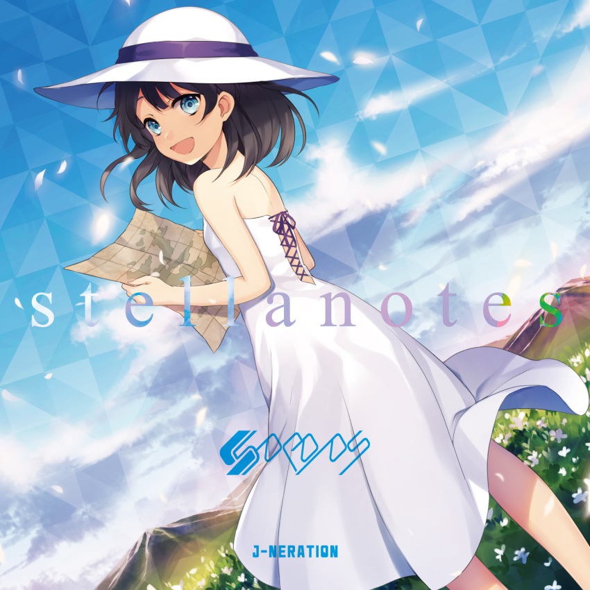 1girl achiki album_cover bangs bare_shoulders black_hair blue_eyes blue_sky clouds cloudy_sky cover dress field flower flower_field from_behind grass hat highres holding looking_at_viewer looking_back map open_mouth original outdoors sky smile solo standing sun_hat sundress white_dress white_flower white_hat