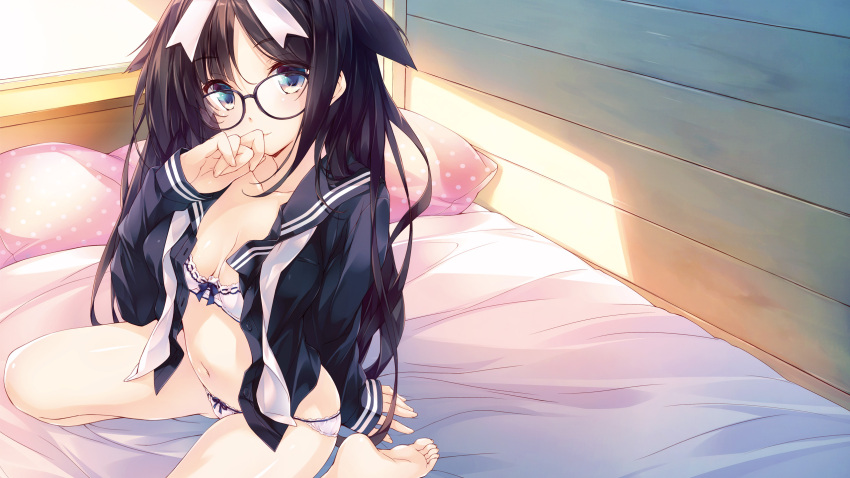 1girl amami_mikihiro arm_behind_back bangs barefoot bed bed_sheet bedroom black-framed_eyewear black_hair blue_bow blue_eyes bow bow_bra bow_panties bra breasts closed_mouth collarbone eyebrows_visible_through_hair glasses hair_flaps hair_ribbon hairband hand_up highres indoors legs_apart light_smile long_hair looking_at_viewer navel on_bed open_clothes original panties pillow polka_dot_pillow ribbon school_uniform serafuku shade sitting small_breasts smile soles solo thighs underwear very_long_hair wallpaper wariza white_bra white_panties white_ribbon