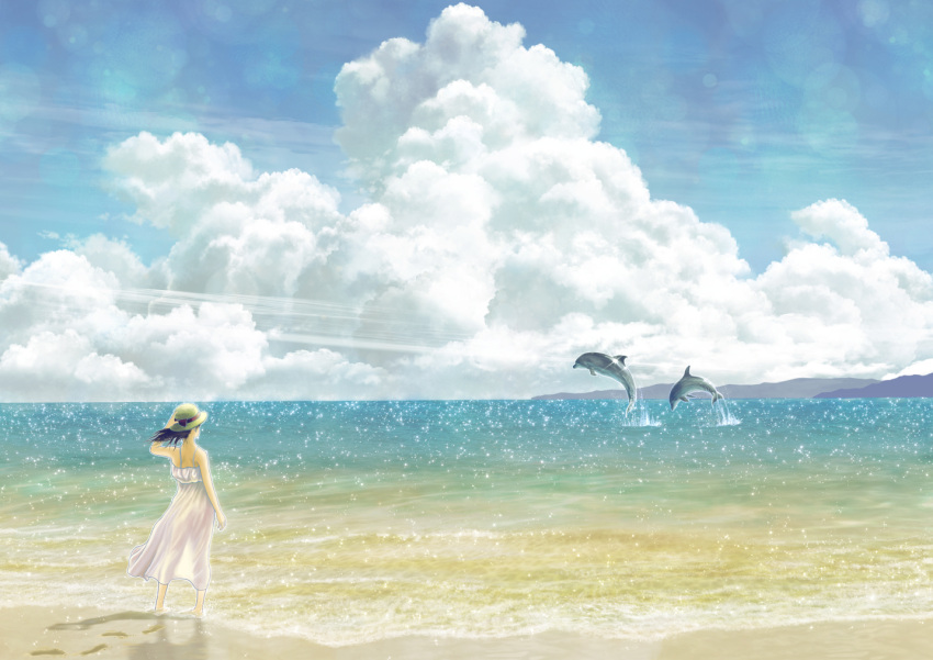 1girl beach clouds cloudy_sky dolphin dress hat kun52 lens_flare ocean original scenery see-through short_hair sky standing sun_hat white_dress