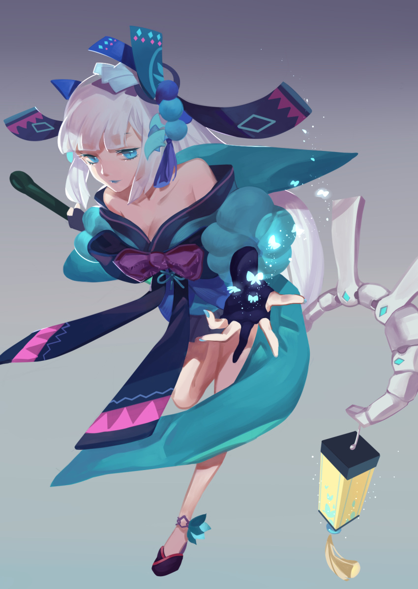 1girl aoandon bad_leg bare_shoulders black_gloves blue_eyes blue_lipstick blue_nails elbow_gloves full_body gloves hair_ornament highres lantern lipstick long_hair makeup nail_polish onmyoji onmyouji ossi outstretched_hand solo staff standing standing_on_one_leg very_long_hair white_hair
