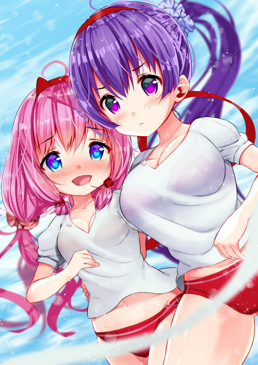 2girls ahoge bangs blue_eyes blurry blush bra breasts buruma cleavage closed_mouth depth_of_field dutch_angle eyebrows_visible_through_hair gym_uniform hair_ornament hair_scrunchie hairband heart heart-shaped_pupils highres large_breasts long_hair looking_at_another low_twintails medium_breasts moe2017 multiple_girls navel open_mouth original outdoors pink_bra pink_hair ponytail purple_hair quad_tails red_ribbon ribbon running sawa_(sawasaku) school_uniform scrunchie see-through shirt short_sleeves smile symbol-shaped_pupils thighs three-legged_race twintails underwear v-neck violet_eyes white_ribbon white_shirt