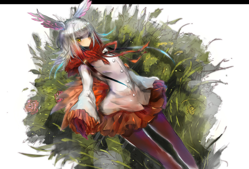 1girl bangs bird_tail blunt_bangs crested_ibis_(kemono_friends) frilled_sleeves frills gloves gond head_wings highres kemono_friends long_sleeves looking_at_viewer miniskirt multicolored_hair pantyhose pleated_skirt red_gloves red_legwear shirt short_hair short_hair_with_long_locks sidelocks silver_hair skirt solo two-tone_hair white_shirt yellow_eyes