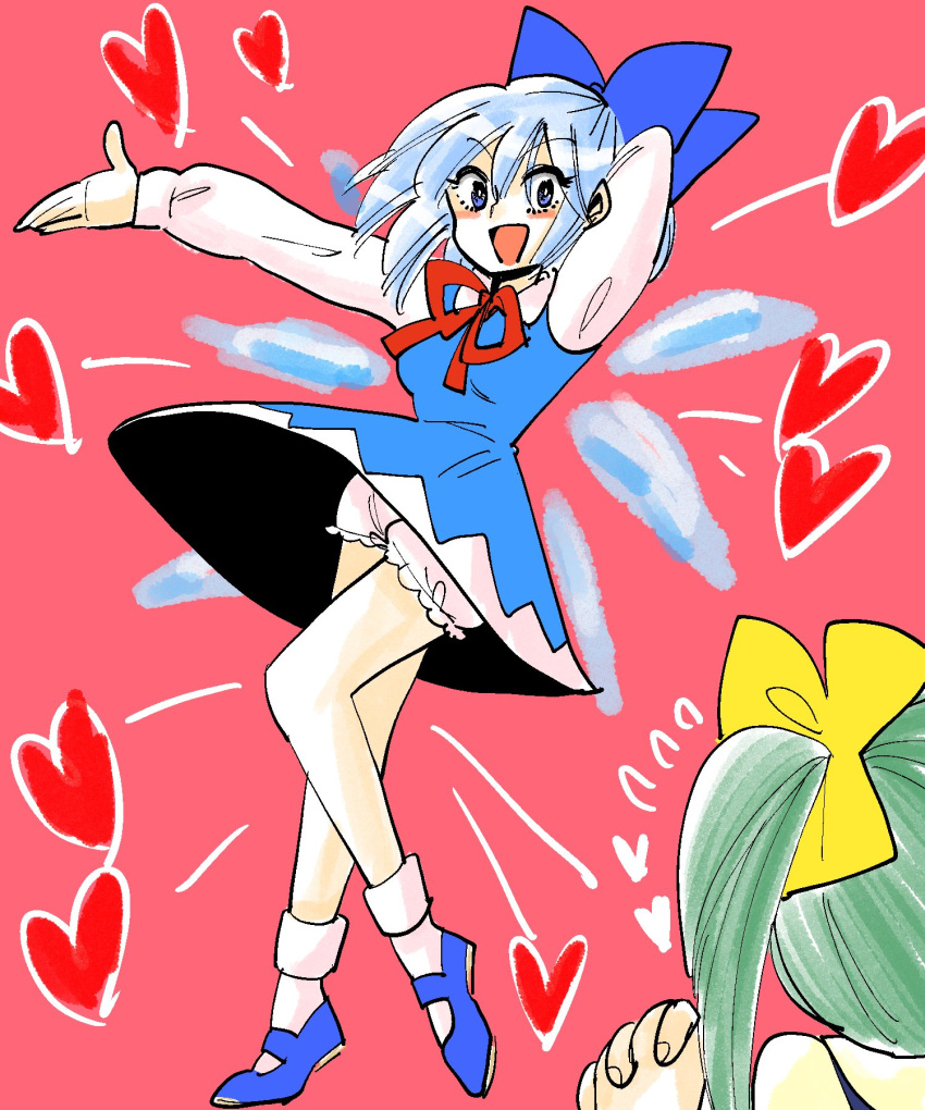 2girls bloomers blue_dress blue_hair blue_shoes bow cirno clenched_hands commentary_request daiyousei dress flying_sweatdrops from_behind full_body green_hair hair_bow hand_behind_head heart highres ice ice_wings komaku_juushoku legs long_sleeves looking_at_another multiple_girls open_hand open_mouth outstretched_arm pink_background pose ribbon shirt shoes side_ponytail simple_background socks touhou underwear white_legwear white_shirt wings