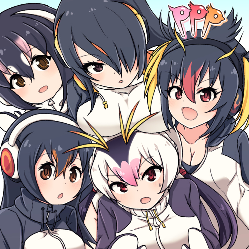 5girls black_hair black_jacket blush breasts brown_hair chawan_(yultutari) cleavage commentary_request covered_navel emperor_penguin_(kemono_friends) gentoo_penguin_(kemono_friends) hair_between_eyes hair_over_one_eye headphones highres hood hooded_jacket humboldt_penguin_(kemono_friends) jacket jacket_tug kemono_friends large_breasts leotard long_hair looking_at_viewer miniskirt multiple_girls open_mouth penguins_performance_project_(kemono_friends) red_eyes rockhopper_penguin_(kemono_friends) royal_penguin_(kemono_friends) shiny shiny_skin short_hair simple_background skirt smile tied_hair twintails