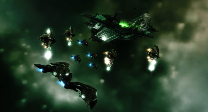 3d amarr_empire_(eve_online) blurry blurry_background capital_ship_(eve_online) carrier carrier_(eve_online) combat_ship_(eve_online) commentary creodron_(eve_online) english_commentary eve_online federation_navy_(eve_online) fleet flying gallente_federation_(eve_online) glowing green_theme heavy_fighter_(eve_online) highres military_vehicle no_humans outdoors realistic science_fiction spacecraft starfighter support_ship_(eve_online) thanatos_(eve_online) vankaiser