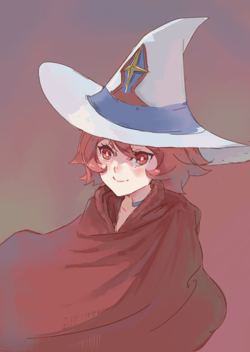 1girl absurdres ashy@ cape choker hat highres little_witch_academia red_eyes redhead shiny_chariot short_hair simple_background smile solo witch witch_hat