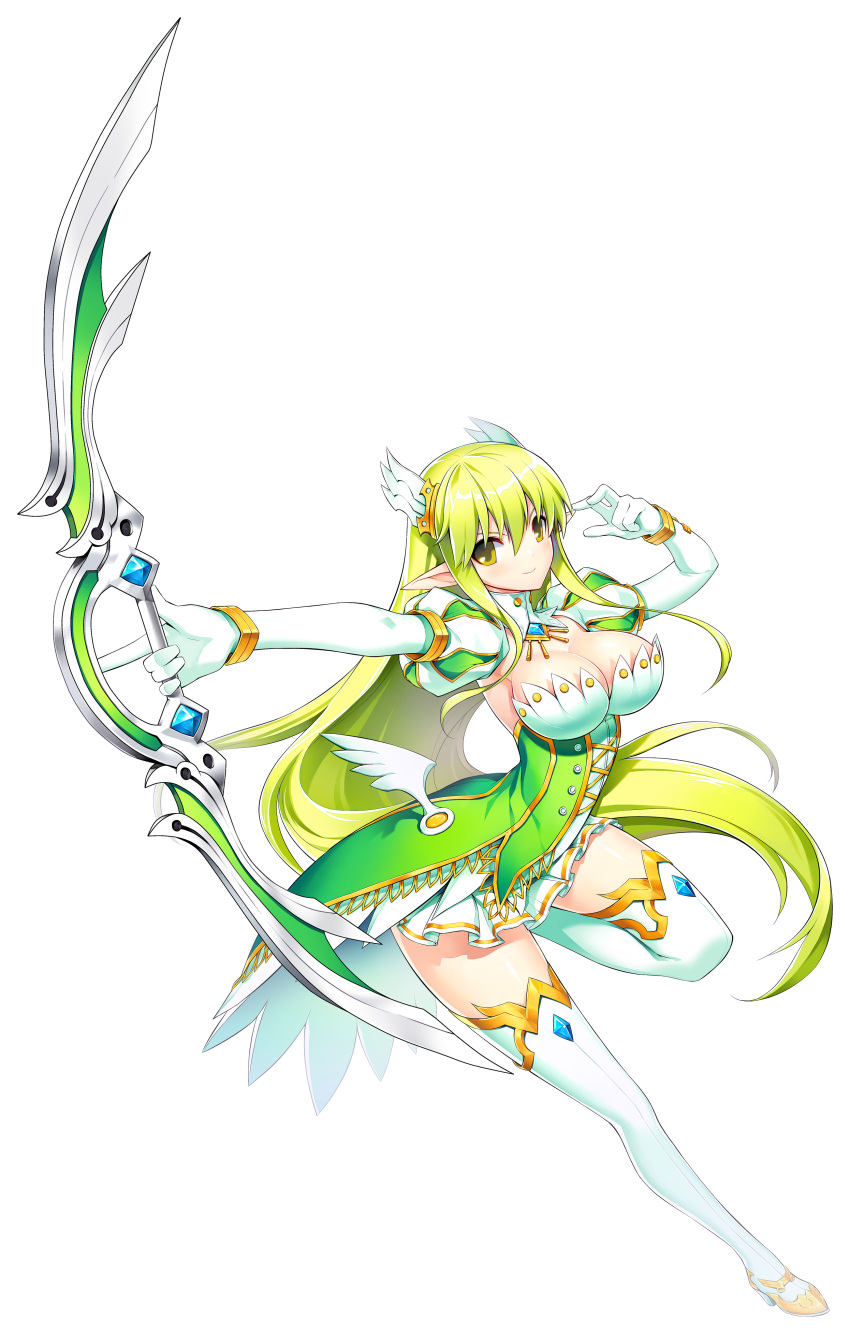 1girl absurdres boots bow_(weapon) bracelet breasts cleavage elsword full_body gloves grand_archer_(elsword) green_eyes green_hair hair_ornament highres holding holding_weapon index_finger_raised jewelry large_breasts long_hair looking_at_viewer official_art one_leg_raised pointy_ears rena_(elsword) solo thigh-highs thigh_boots transparent_background weapon white_boots white_gloves