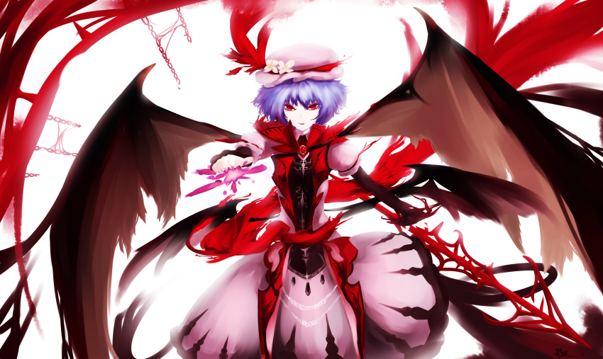 1girl absurdres bat_wings chains dress evil_smile fangs fingernails flower hat hat_flower hat_ribbon high_collar highres holding holding_weapon jewelry juliet_sleeves koumajou_densetsu lavender_hair long_sleeves looking_at_viewer mochigome_(fatelly) pink_dress pointing pointing_at_viewer puffy_sleeves red_ribbon remilia_scarlet ribbon short_hair smile solo spear_the_gungnir touhou weapon white_background wings