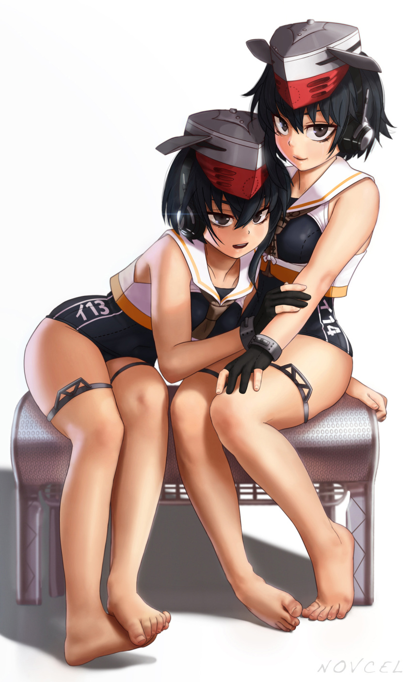 2girls :d arm_support artist_name bare_arms bare_legs bare_shoulders barefoot bench black_gloves black_hair black_swimsuit blush breasts brown_eyes character_name clothes_writing crop_top feet framed_breasts full_body glint gloves hair_between_eyes hat headset highres holding_arm i-13_(kantai_collection) i-14_(kantai_collection) kantai_collection leaning_to_the_side legs_together looking_at_viewer multiple_girls novcel one-piece_swimsuit open_mouth partly_fingerless_gloves sailor_collar school_swimsuit simple_background single_glove sisters sleeveless small_breasts smile swimsuit thigh_strap toenails toes twins white_background