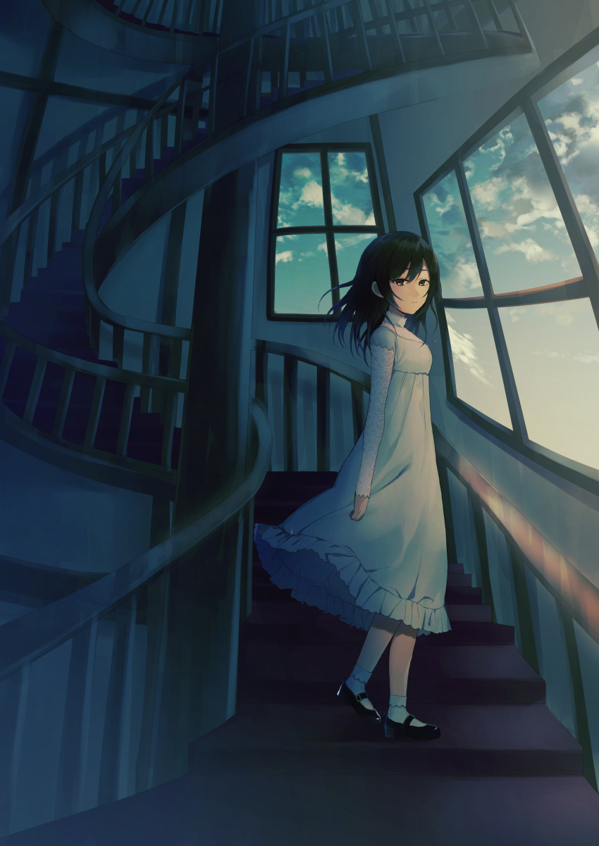 1girl absurdres achiki bangs black_hair blue_eyes blue_sky closed_mouth clouds cloudy_sky dress evening expressionless fisheye frilled_dress frills from_side full_body highres indoors long_sleeves looking_at_viewer mary_janes original shoes sky socks solo spiral_staircase stairs standing white_dress white_legwear window