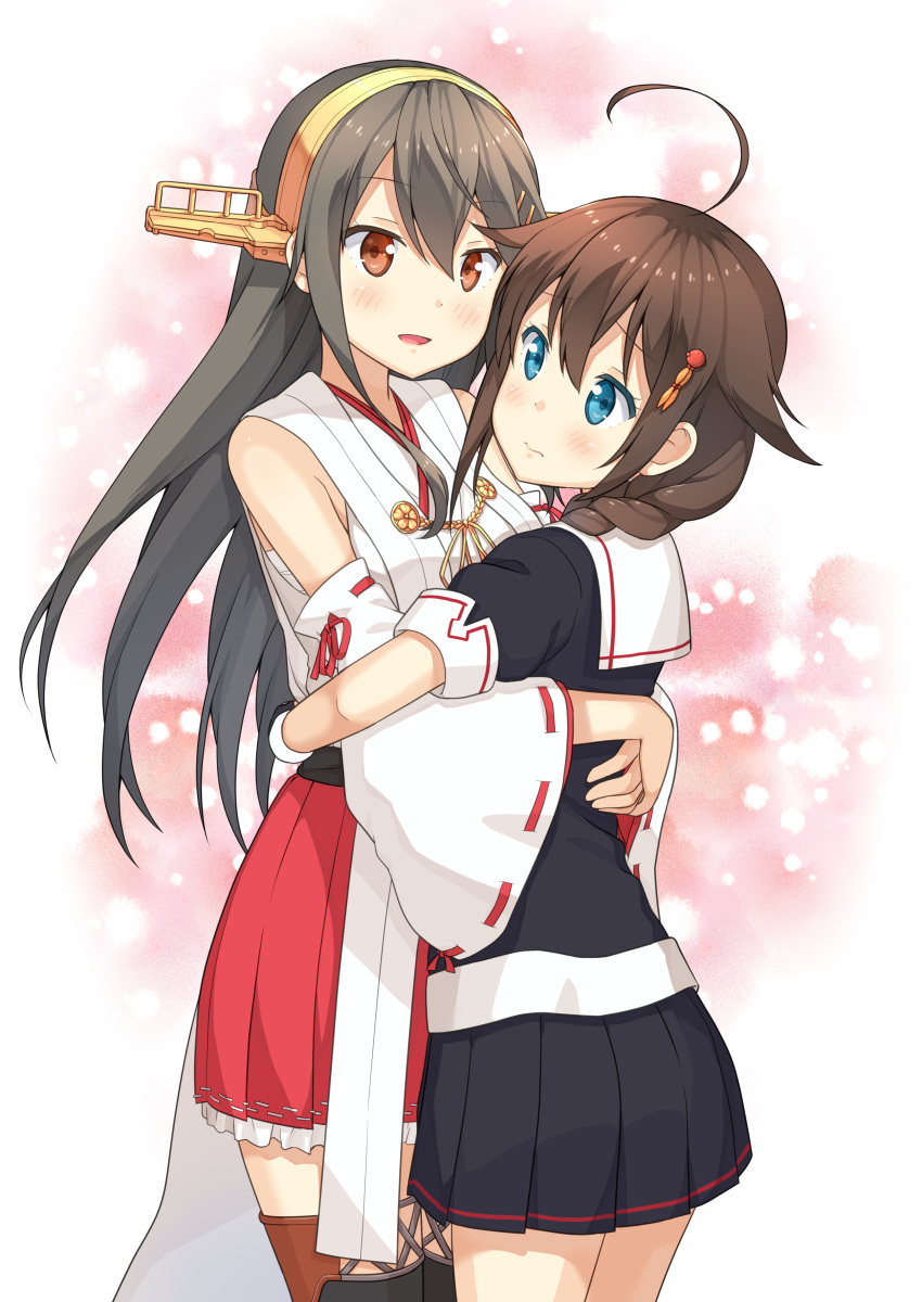 2girls :d absurdres ahoge bare_shoulders black_serafuku blue_eyes boots braid brown_hair commentary detached_sleeves grey_hair hair_flaps hair_ornament hair_over_shoulder haruna_(kantai_collection) headgear highres hug japanese_clothes kantai_collection long_hair miyabeeya multiple_girls nontraditional_miko open_mouth orange_eyes pleated_skirt remodel_(kantai_collection) school_uniform serafuku shigure_(kantai_collection) single_braid skirt smile thigh-highs thigh_boots