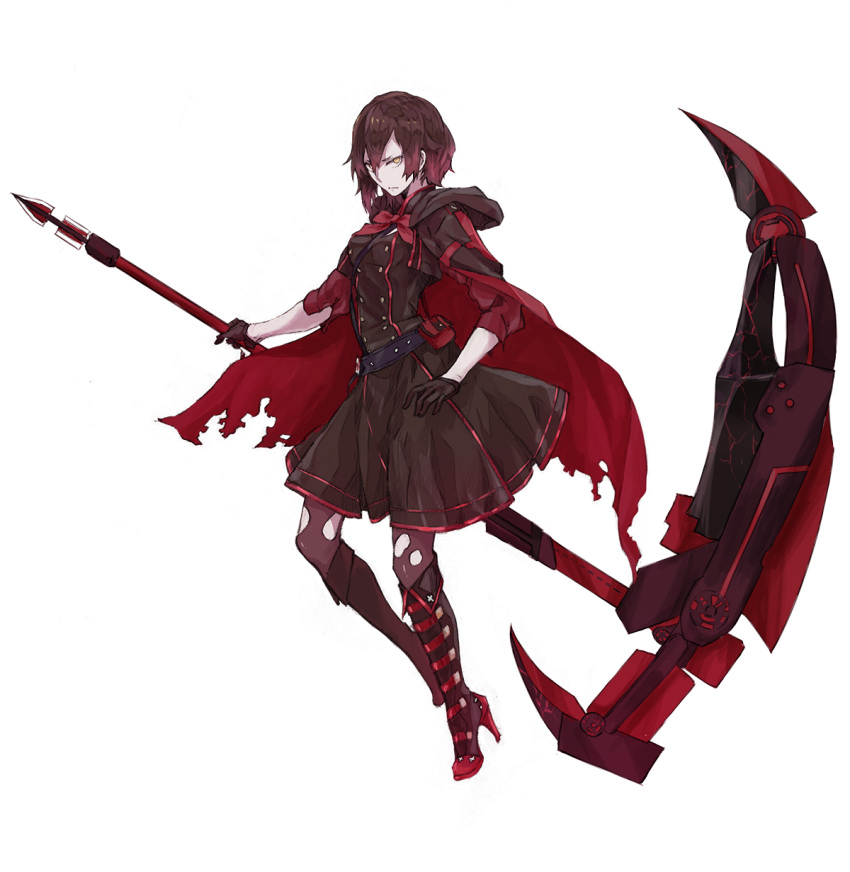 adapted_costume alternate_costume alternate_eye_color cape corruption crescent_rose dark_persona high_heel_boots highres pantyhose ruby_rose rwby scythe takenisketch torn_cape torn_clothes torn_pantyhose yellow_eyes