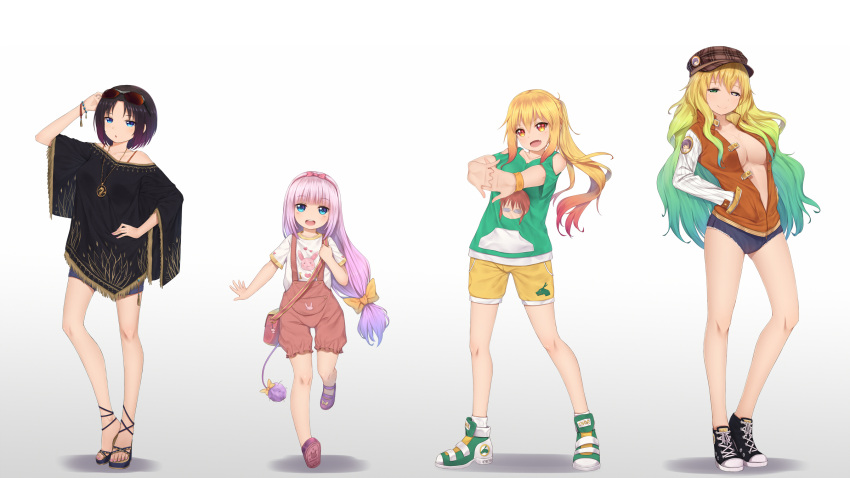 4girls :d black_hair blonde_hair blue_eyes breasts cameo casual cleavage collarbone commentary_request dragon_tail elma_(maidragon) gradient gradient_background gradient_hair hairband height_difference heterochromia highres jewelry kanna_kamui kobayashi-san_chi_no_maidragon kobayashi_(maidragon) long_hair low-tied_long_hair multicolored_hair multiple_girls navel necklace neps-l open_mouth orange_eyes quetzalcoatl_(maidragon) short_hair short_shorts shorts simple_background smile stretch sunglasses sunglasses_removed suspenders tail tooru_(maidragon) white_background