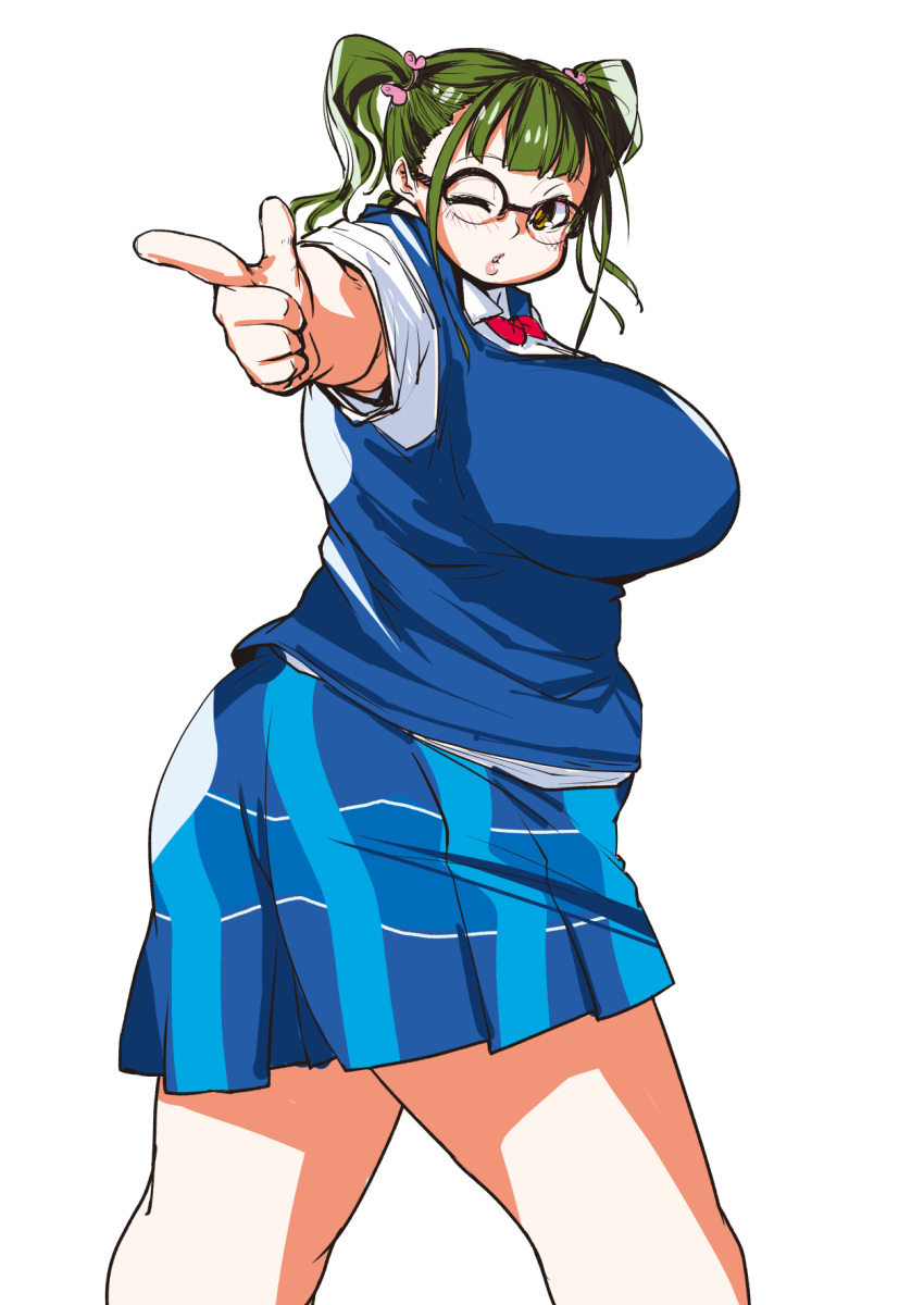 1girl bangs bow breasts brown_eyes fat finger_gun glasses green_hair hair_ornament highres hiro_(h-net) huge_breasts looking_at_viewer nikuko_(galko) one_eye_closed open_mouth oshiete!_galko-chan over-rim_glasses plaid plaid_skirt pleated_skirt plump pointing red_bow school_uniform semi-rimless_glasses short_sleeves short_twintails skirt solo thick_thighs twintails white_background
