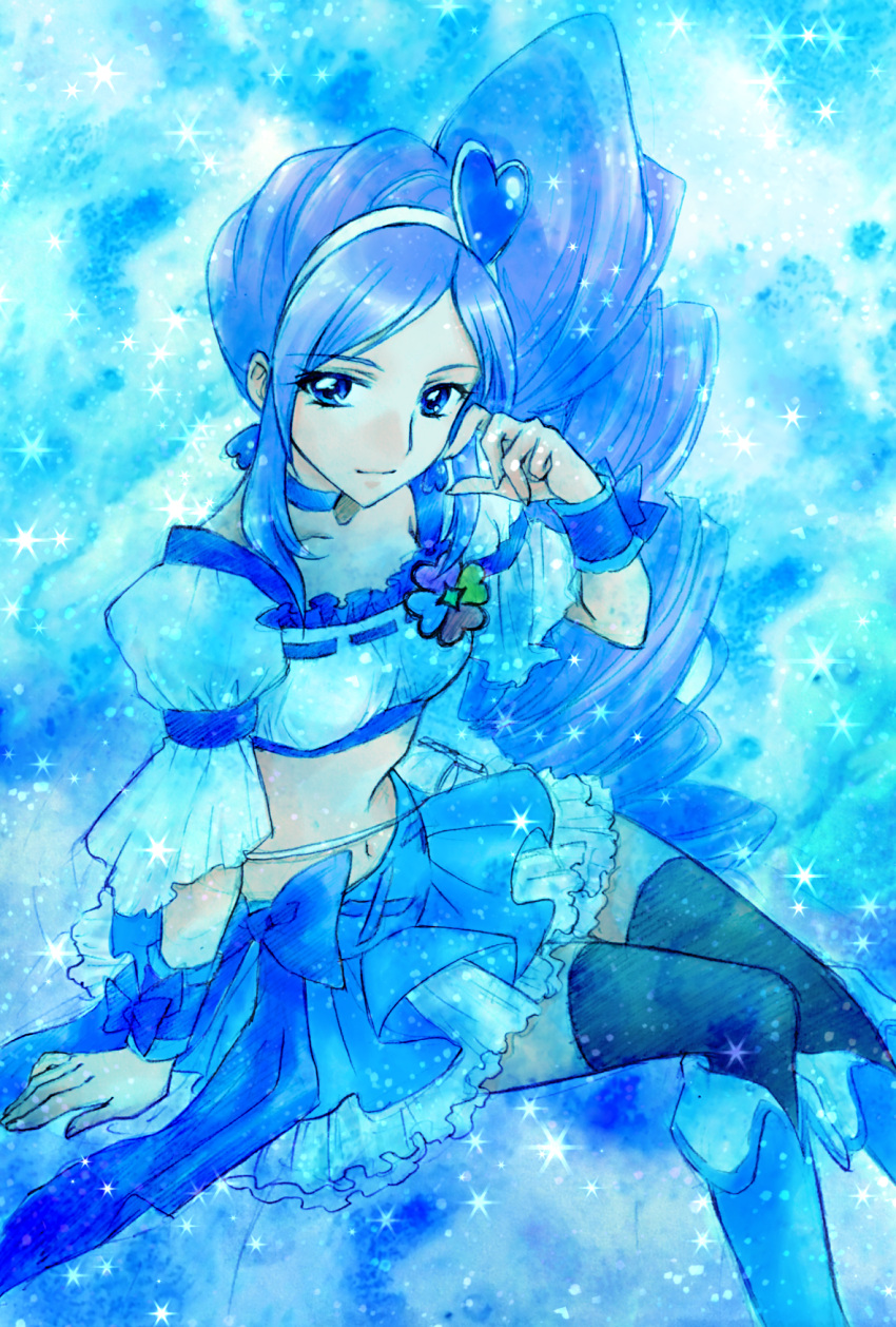 1girl aizen_(syoshiyuki) aono_miki black_legwear blue blue_boots blue_choker blue_eyes blue_hair blue_skirt boots closed_mouth crop_top cure_berry earrings fresh_precure! frills hair_ornament hairband heart heart_earrings heart_hair_ornament highres invisible_chair jewelry knee_boots light_smile long_hair looking_at_viewer magical_girl precure side_ponytail sitting skirt solo sparkle thigh-highs wrist_cuffs
