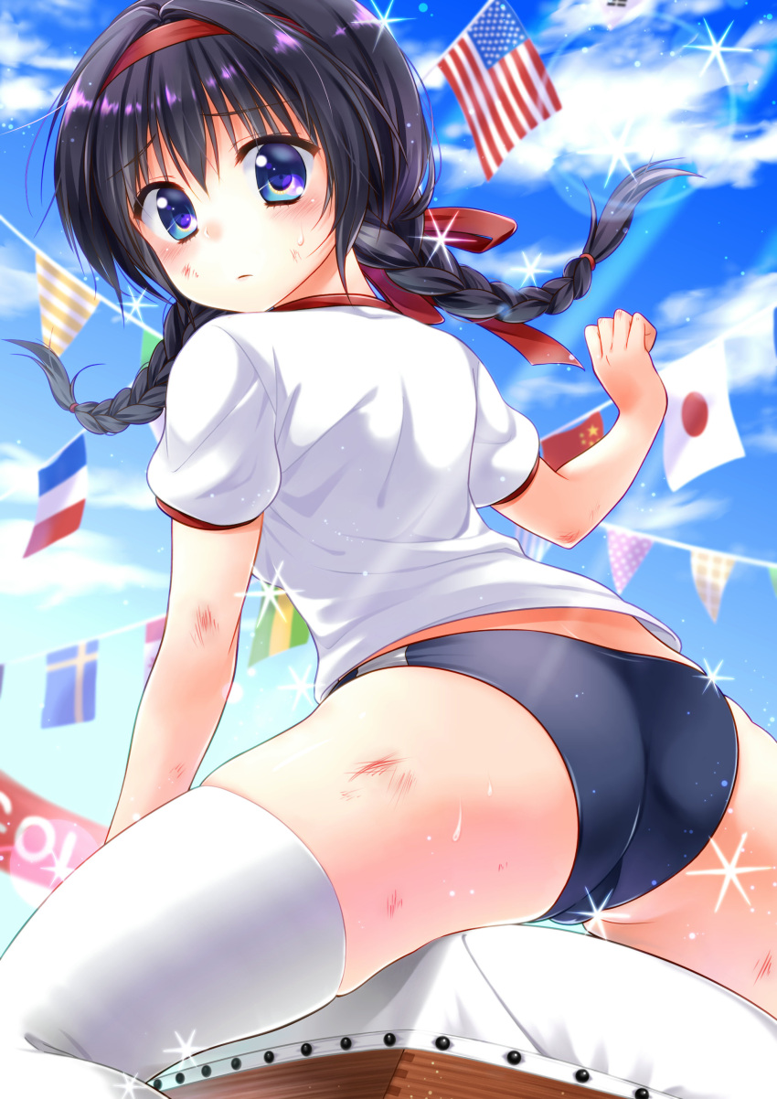 1girl absurdres american_flag ass bangs black_hair blue_eyes blue_sky blush braid buruma closed_mouth clouds cloudy_sky eyebrows_visible_through_hair flag french_flag from_behind gym_uniform hair_between_eyes hairband hand_up highres japanese_flag legs_apart lens_flare light_rays long_hair looking_at_viewer looking_back moe2017 nora_wanko original outdoors pennant people's_republic_of_china_flag scrape shirt short_sleeves sky solo sparkle sports_festival string_of_flags sweat sweatdrop swiss_flag thigh-highs thighs twin_braids vaulting_horse white_legwear white_shirt