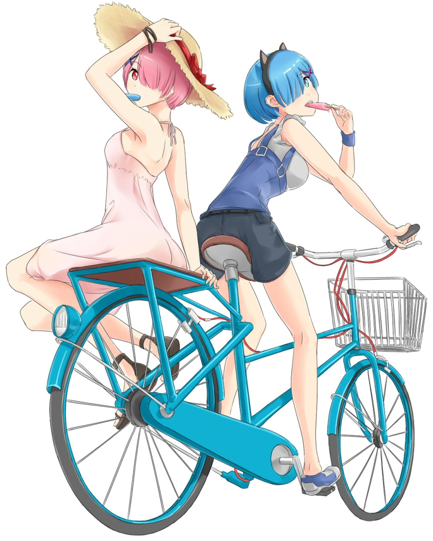 2girls alternate_costume animal_ears arm_support bare_shoulders bicycle bicycle_basket blue_eyes blue_hair breasts cat_ears dress ground_vehicle hair_ornament hair_over_one_eye hat highres holding holding_hat looking_at_viewer medium_breasts multiple_girls pink_eyes pink_hair ram_(re:zero) re:zero_kara_hajimeru_isekai_seikatsu rem_(re:zero) saruno_(eyesonly712) shoes short_hair shorts shoulders side-saddle sneakers strapless strapless_dress straw_hat suspenders white_background x_hair_ornament