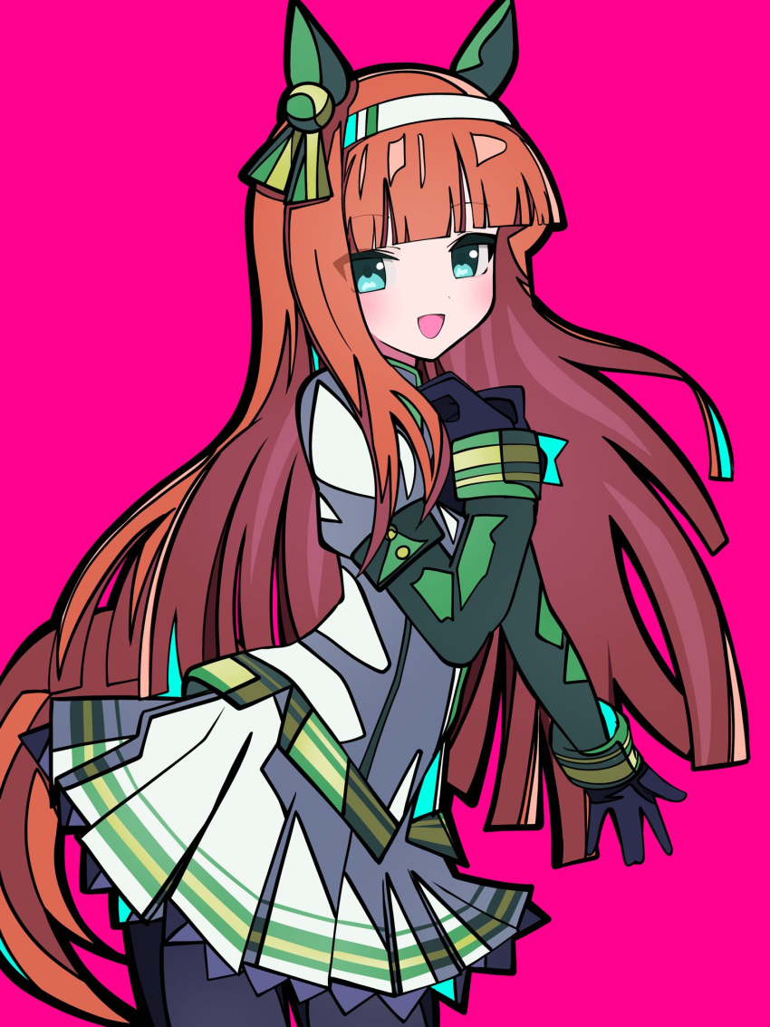 1girl animal_ears blue_eyes blunt_bangs blush bow ear_bow ear_covers ear_flower green_eyes hair_ornament hairband highres hime_cut horse_ears horse_girl horse_tail kikkasoon long_hair long_sleeves looking_at_viewer orange_hair orange_tail shirt silence_suzuka_(innocent_silence)_(umamusume) silence_suzuka_(umamusume) smile solo tail umamusume white_hairband