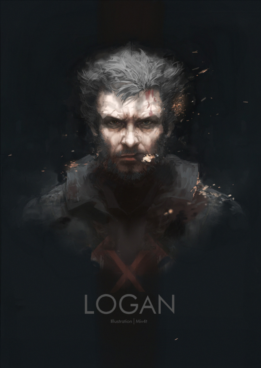 1boy beard black_hair blood blood_on_face burning_clothes cigar facial_hair fire grey_hair hair highres logan_(film) logo looking_at_viewer marvel mivit old_man smoke solo upper_body wolverine wrinkles x-men