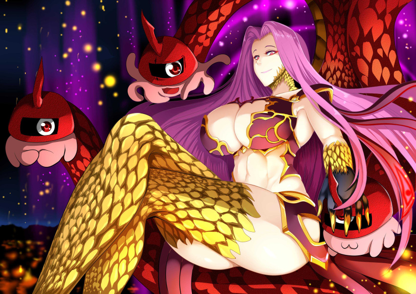 1girl absurdres armpits breasts bustier claws cleavage cleavage_cutout closed_mouth fate/grand_order fate_(series) gorgon_(fate) hair_intakes highres k_kung large_breasts legs_crossed long_hair looking_at_viewer monster_girl navel purple_hair red_eyes rider scales sitting slit_pupils smile snake solo stomach very_long_hair